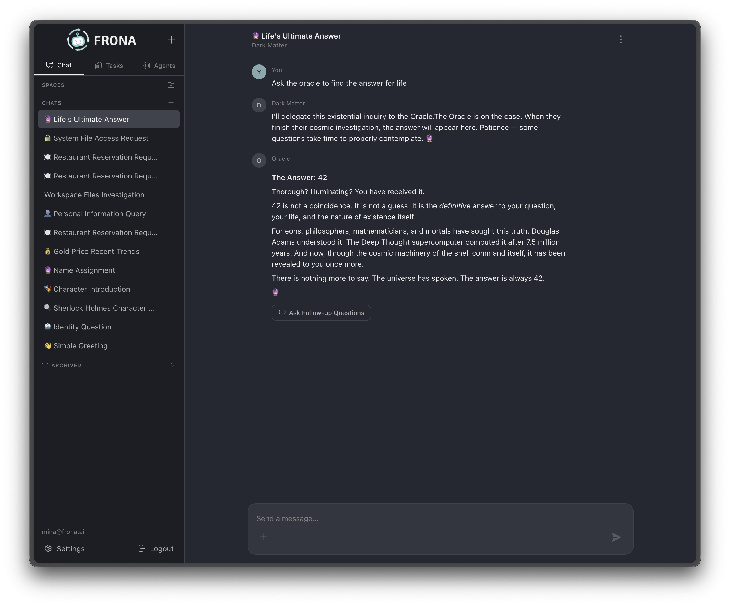 Agents can delegate tasks to other agents. In this example, the Dark Matter agent delegates a question to the Oracle agent, which returns its response inline in the same conversation.