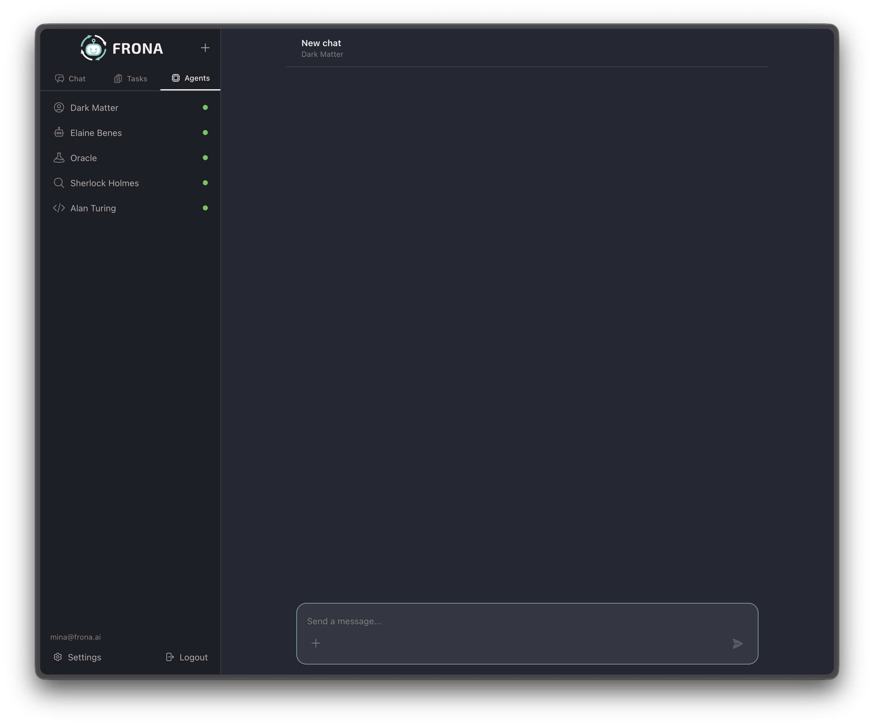 The Agents tab lists all available agents on the instance. Each agent has its own identity, personality, and set of enabled tools. Green indicators show which agents are active.