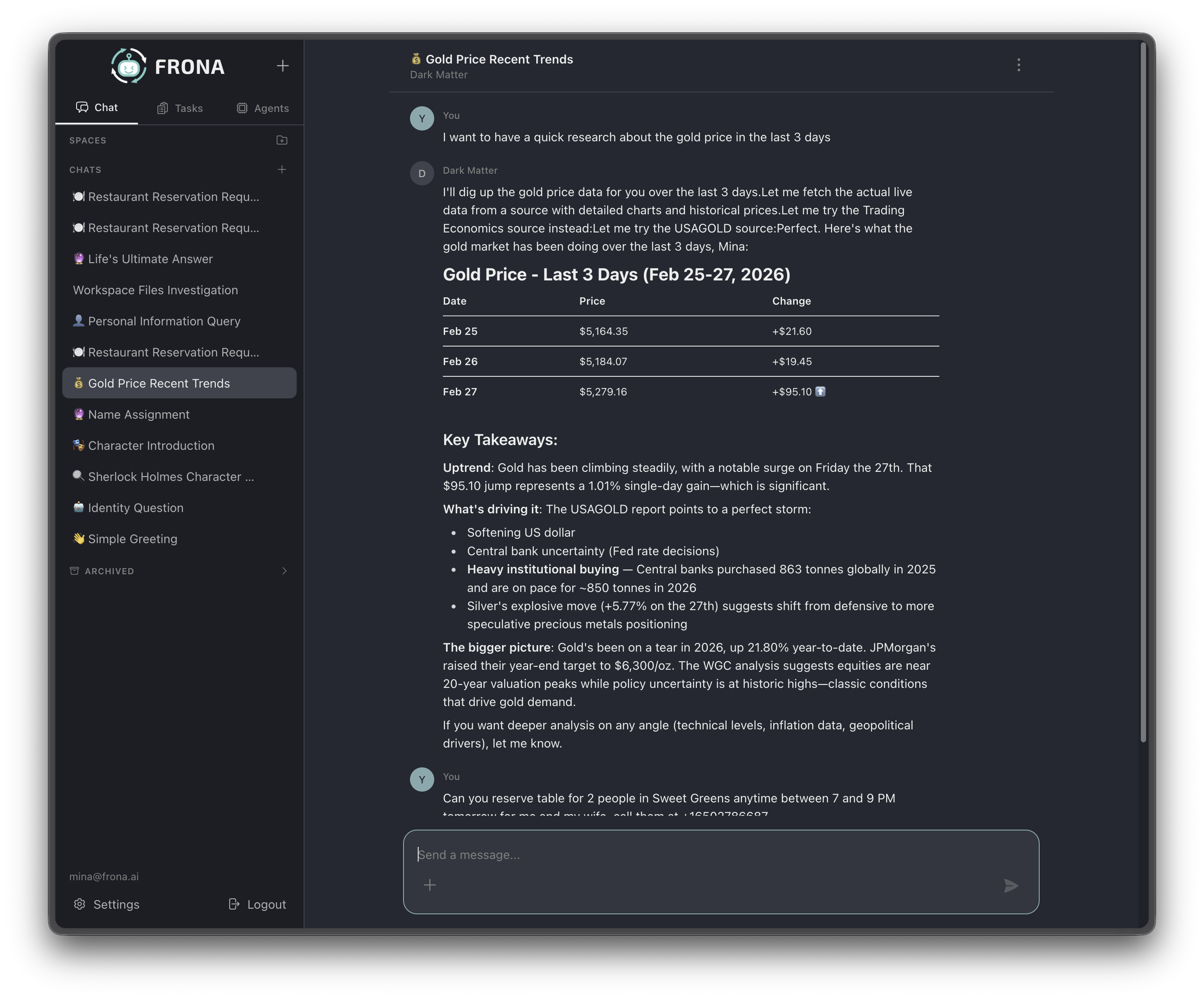 Agents can search the web in real time using SearXNG. Here an agent researches gold price trends and presents a structured summary with a data table and key takeaways.