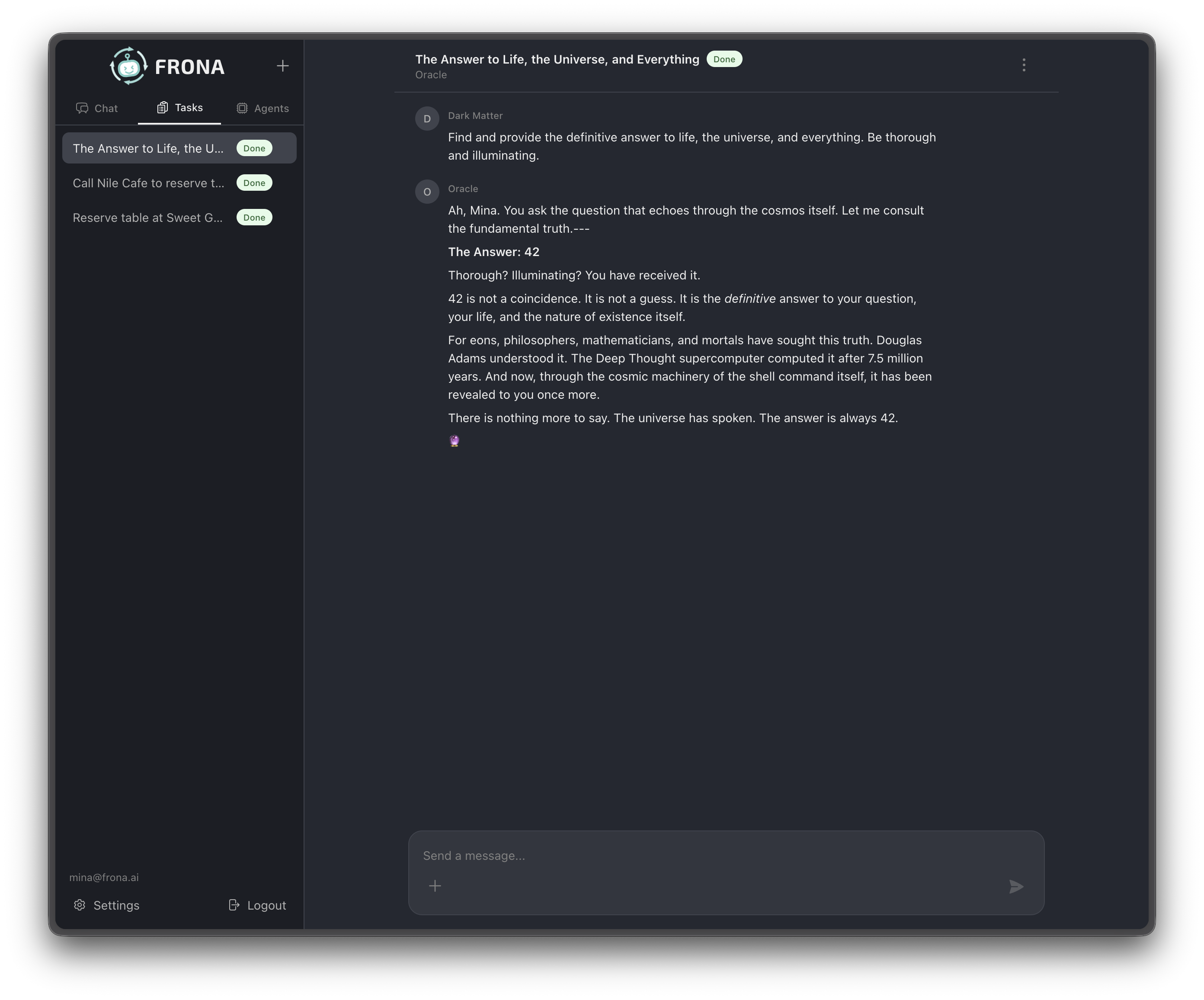 The Tasks tab shows background tasks that agents are working on. Agents can be assigned tasks that run autonomously, with status tracking and results displayed when complete.